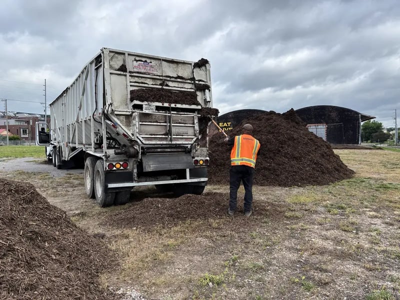 Truck delivering Living Earth’s donated recycled wood mulch to Neuhoff Dog Park in Nashville.”